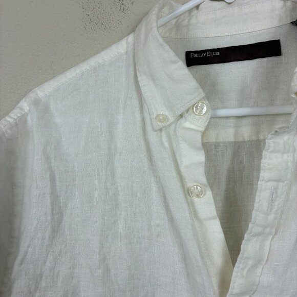 Perry Ellis 100% Linen Short Sleeve Button Down Top Sz Large Coastal - Picture 3 of 5